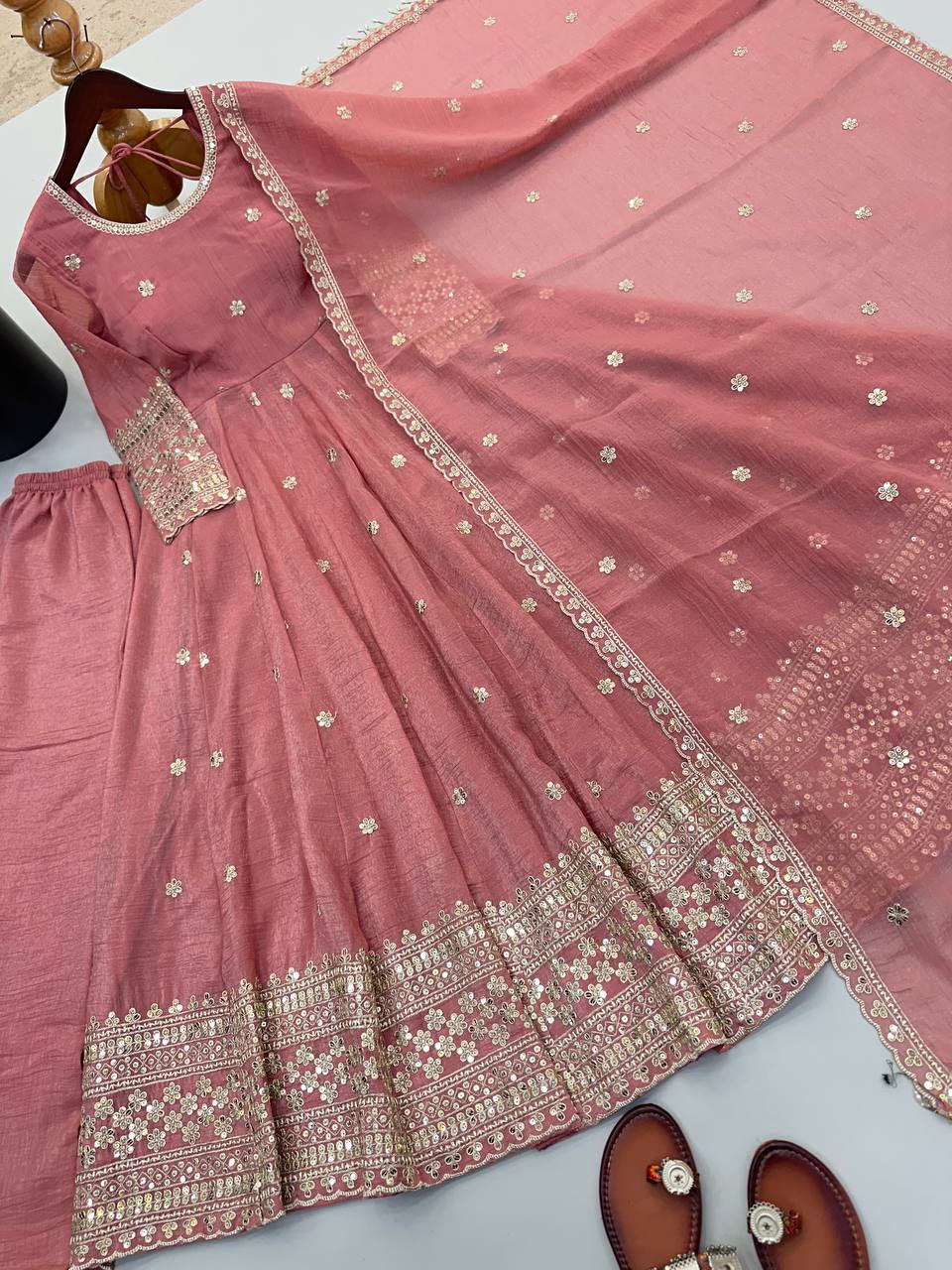 Vaanika Crunchy Silk Sequins Embroidered Anarkali with Pant & Dupatta