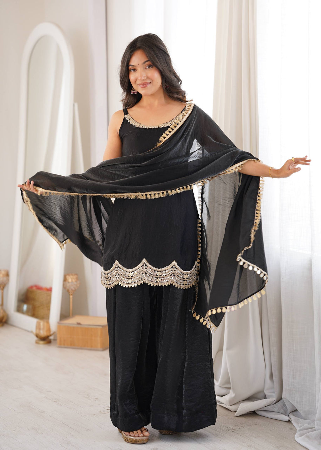Noor Alina Designer Fendy Silk Real Mirror & Cording Embroidered Sharara Palazzo Set with Mirror Lace Border Dupatta