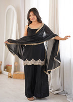 Noor Alina Designer Fendy Silk Real Mirror & Cording Embroidered Sharara Palazzo Set with Mirror Lace Border Dupatta