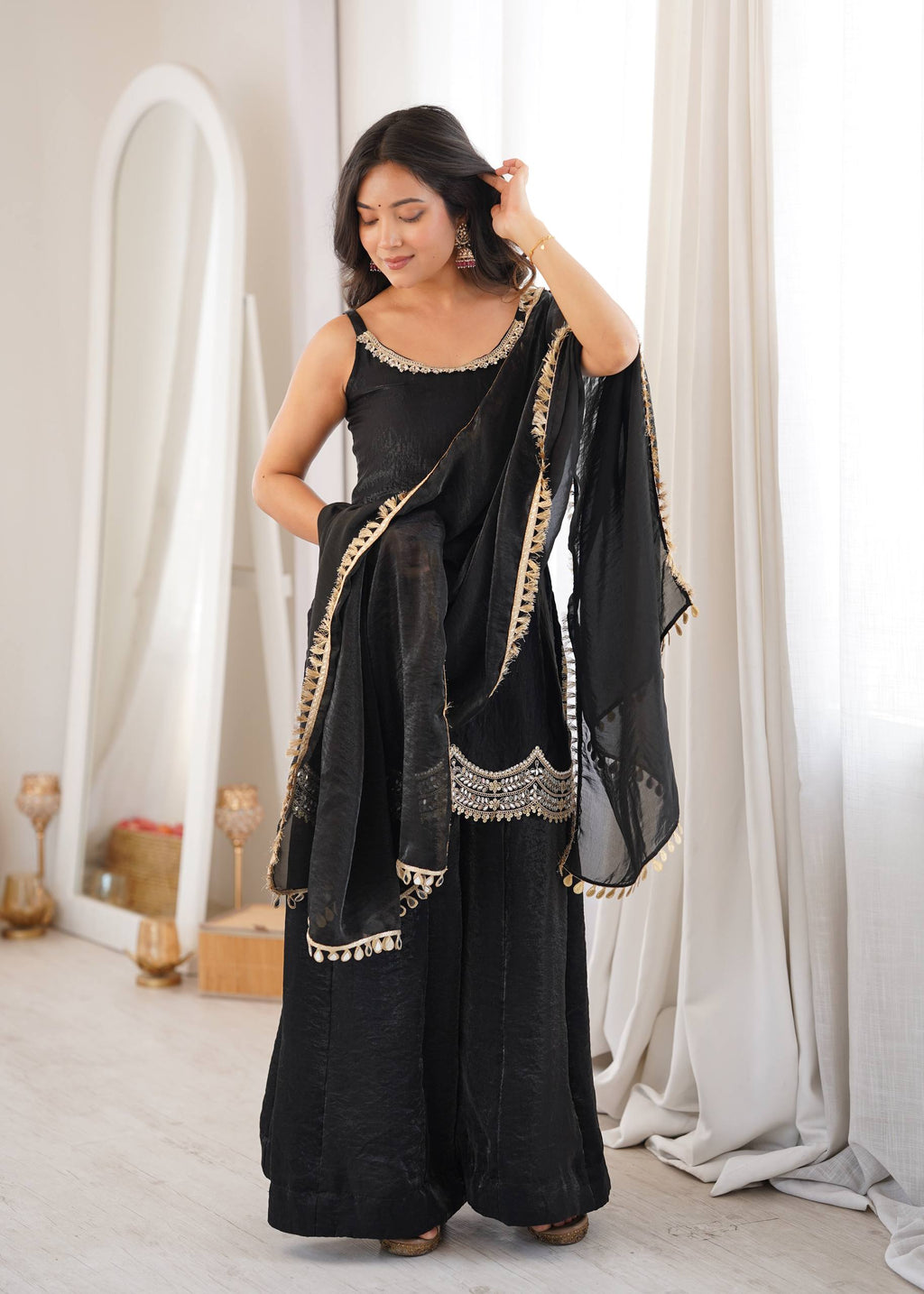 Noor Alina Designer Fendy Silk Real Mirror & Cording Embroidered Sharara Palazzo Set with Mirror Lace Border Dupatta