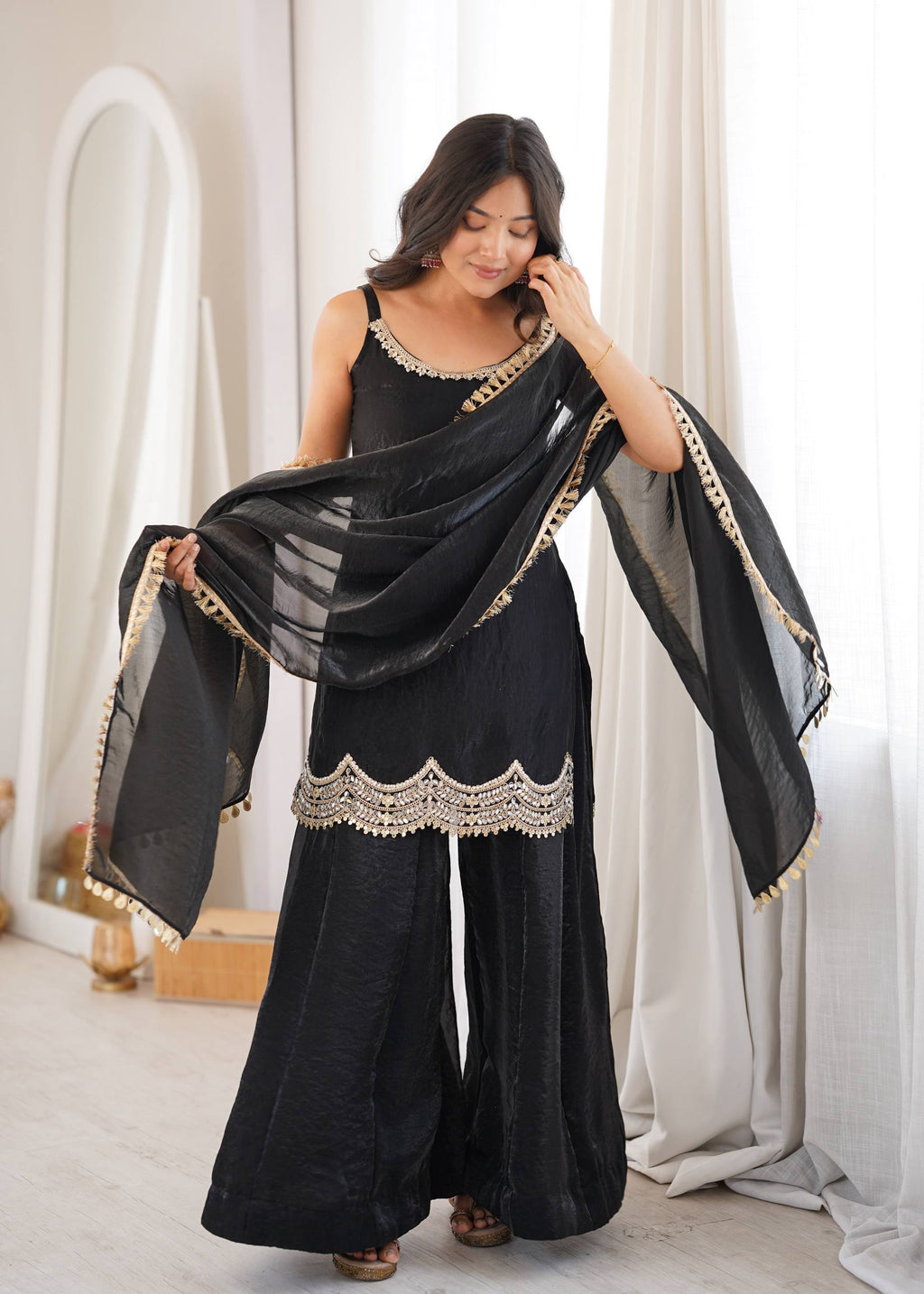 Noor Alina Designer Fendy Silk Real Mirror & Cording Embroidered Sharara Palazzo Set with Mirror Lace Border Dupatta
