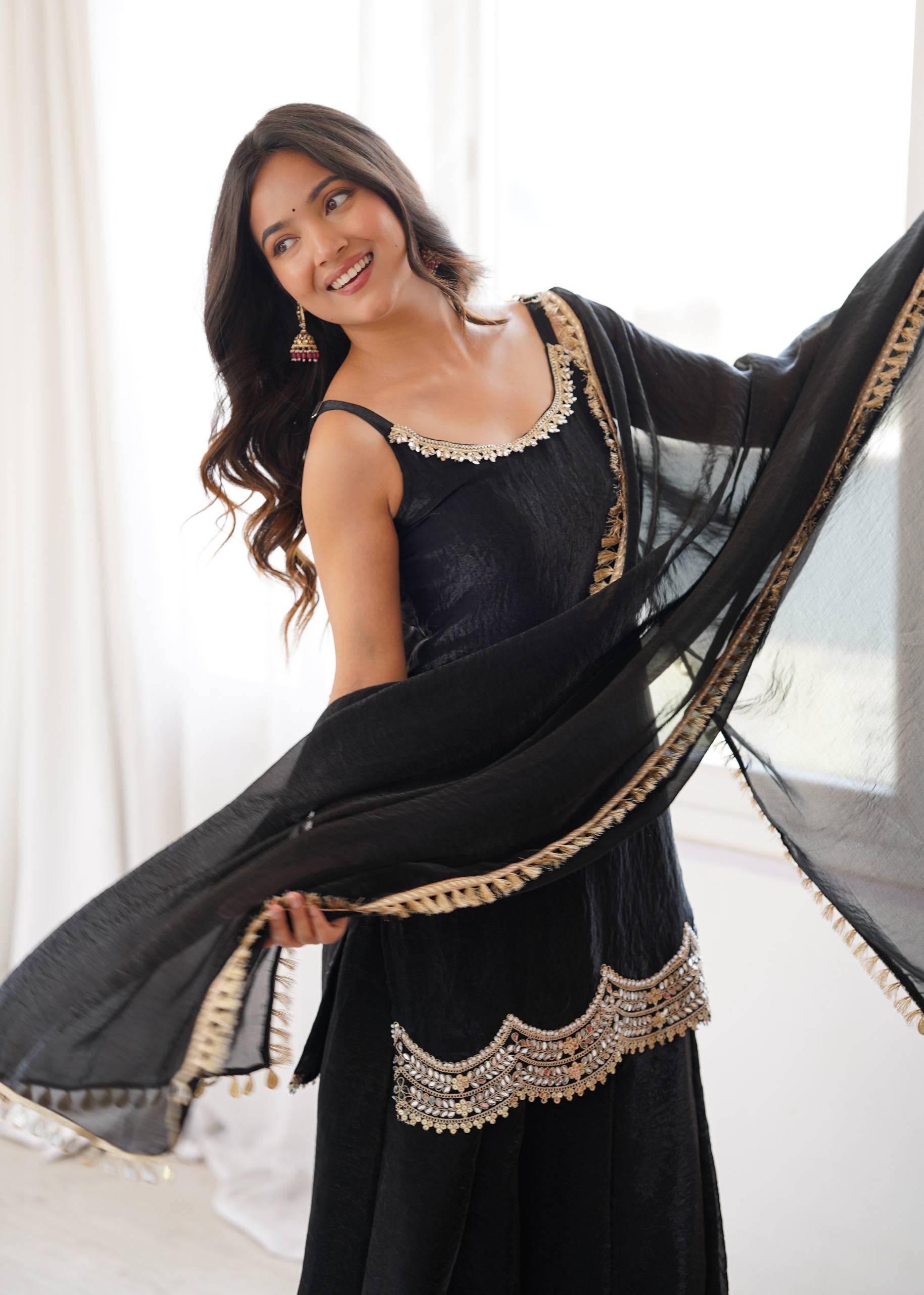 Noor Alina Designer Fendy Silk Real Mirror & Cording Embroidered Sharara Palazzo Set with Mirror Lace Border Dupatta