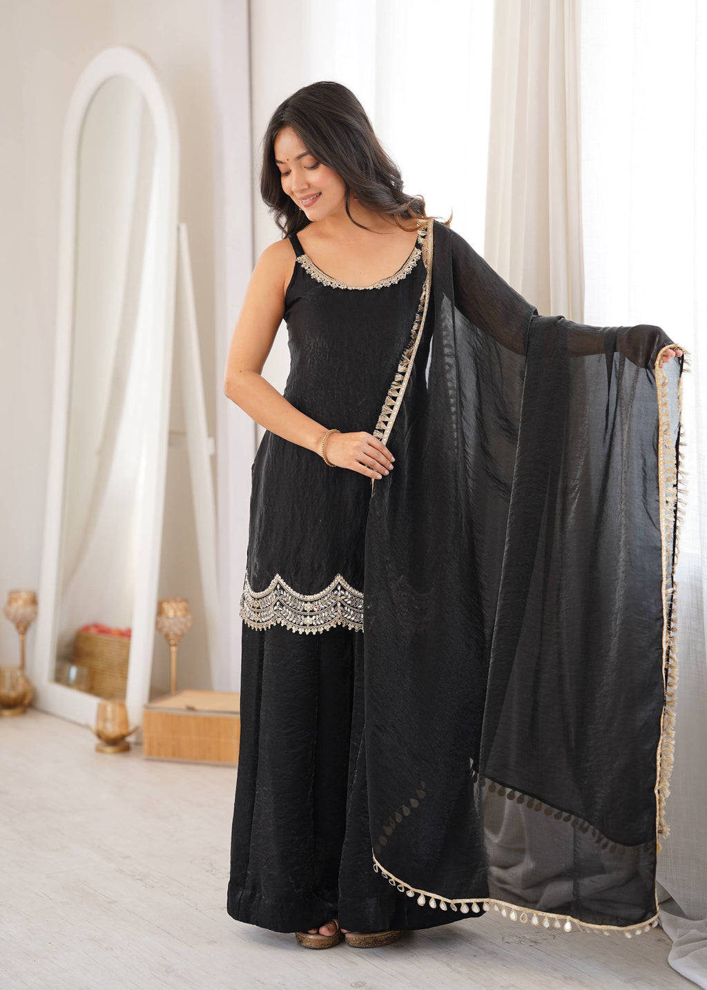 Noor Alina Designer Fendy Silk Real Mirror & Cording Embroidered Sharara Palazzo Set with Mirror Lace Border Dupatta