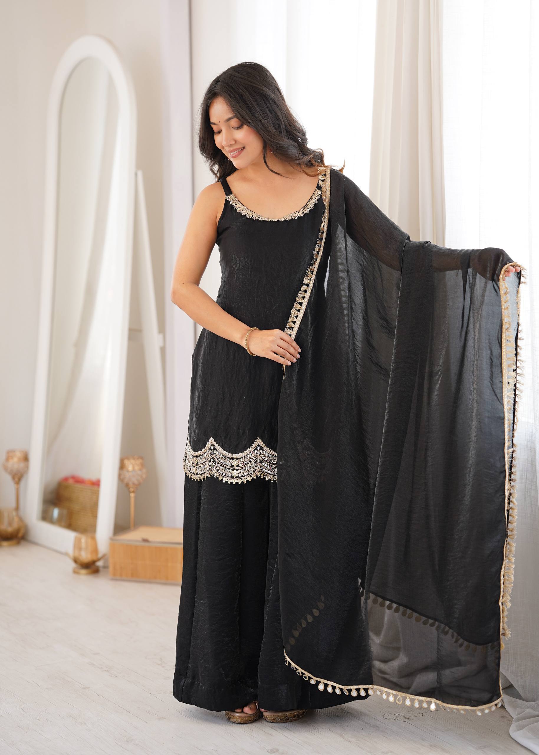Noor Alina Designer Fendy Silk Real Mirror & Cording Embroidered Sharara Palazzo Set with Mirror Lace Border Dupatta