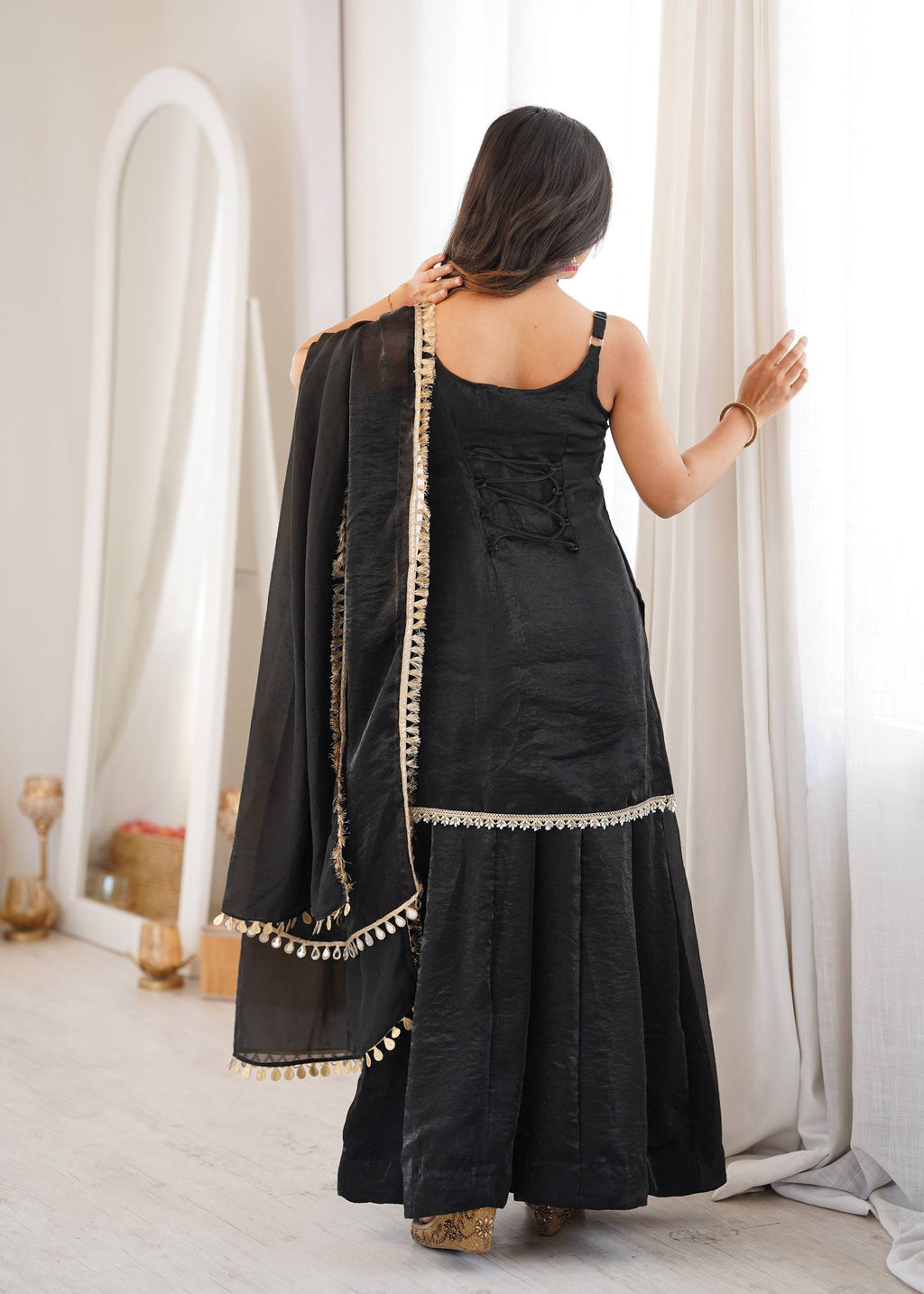 Noor Alina Designer Fendy Silk Real Mirror & Cording Embroidered Sharara Palazzo Set with Mirror Lace Border Dupatta