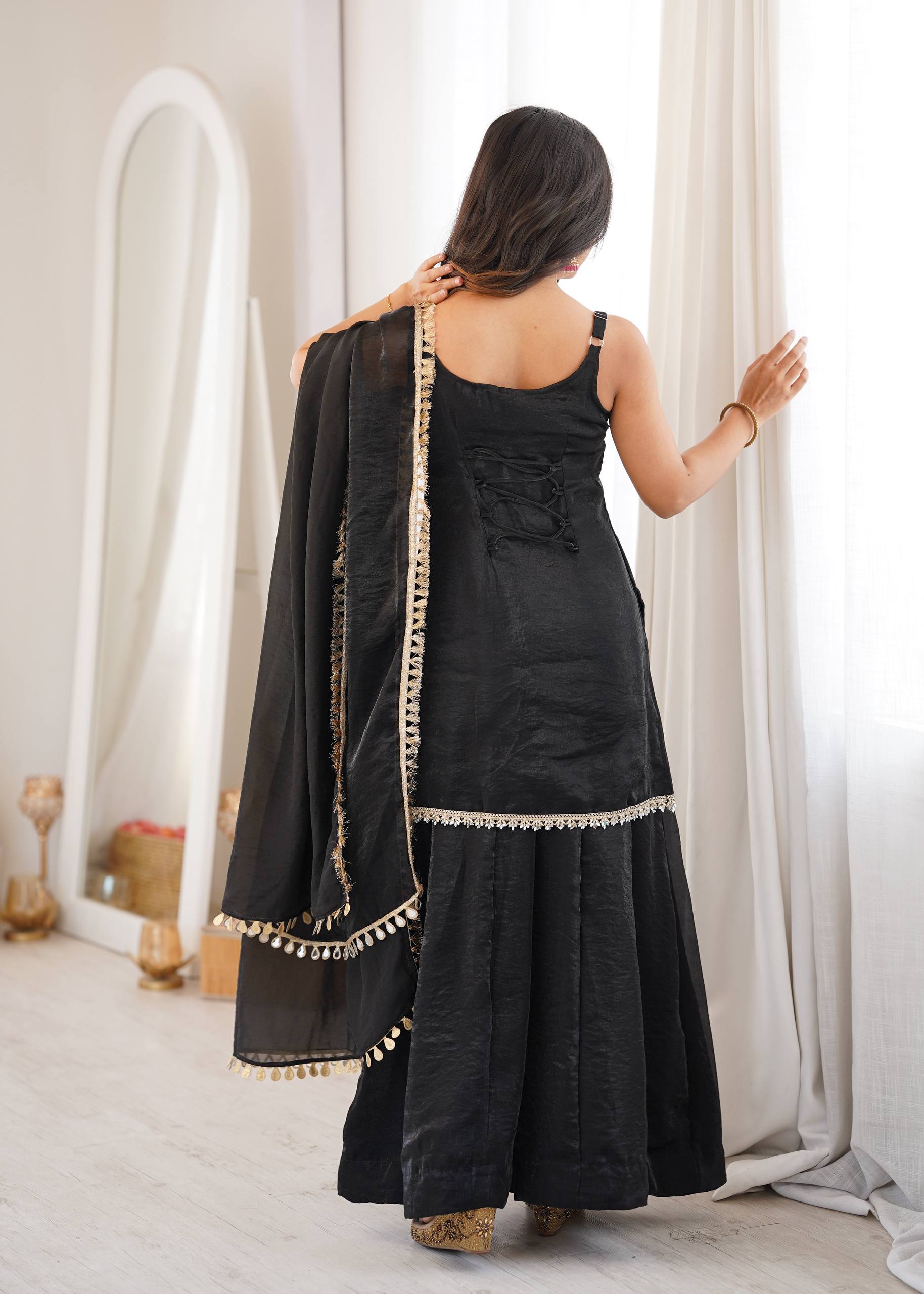 Noor Alina Designer Fendy Silk Real Mirror & Cording Embroidered Sharara Palazzo Set with Mirror Lace Border Dupatta