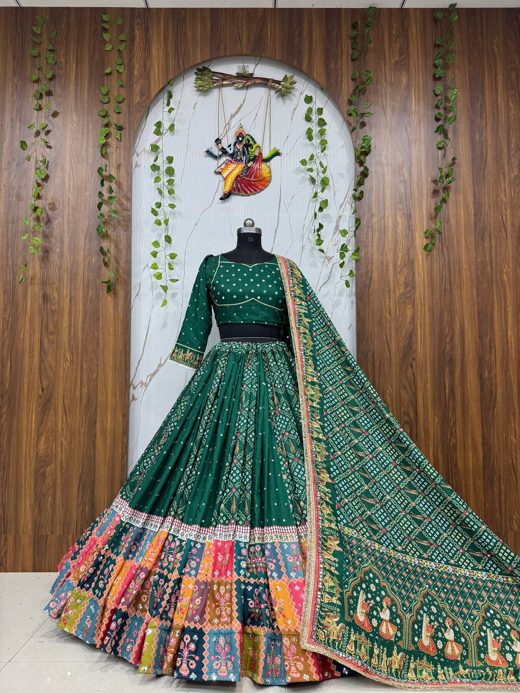 Veda Muslin Cotton Mirror Work & Canvas Patta Border Lehenga with Choli & Dupatta