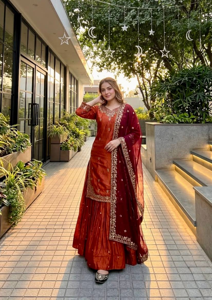 Eshanya Sindoor Fendy Silk Embroidered Lehenga Suit with Georgette Dupatta