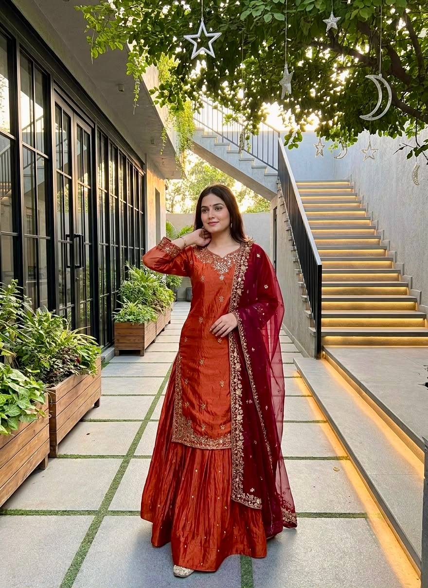 Eshanya Sindoor Fendy Silk Embroidered Lehenga Suit with Georgette Dupatta