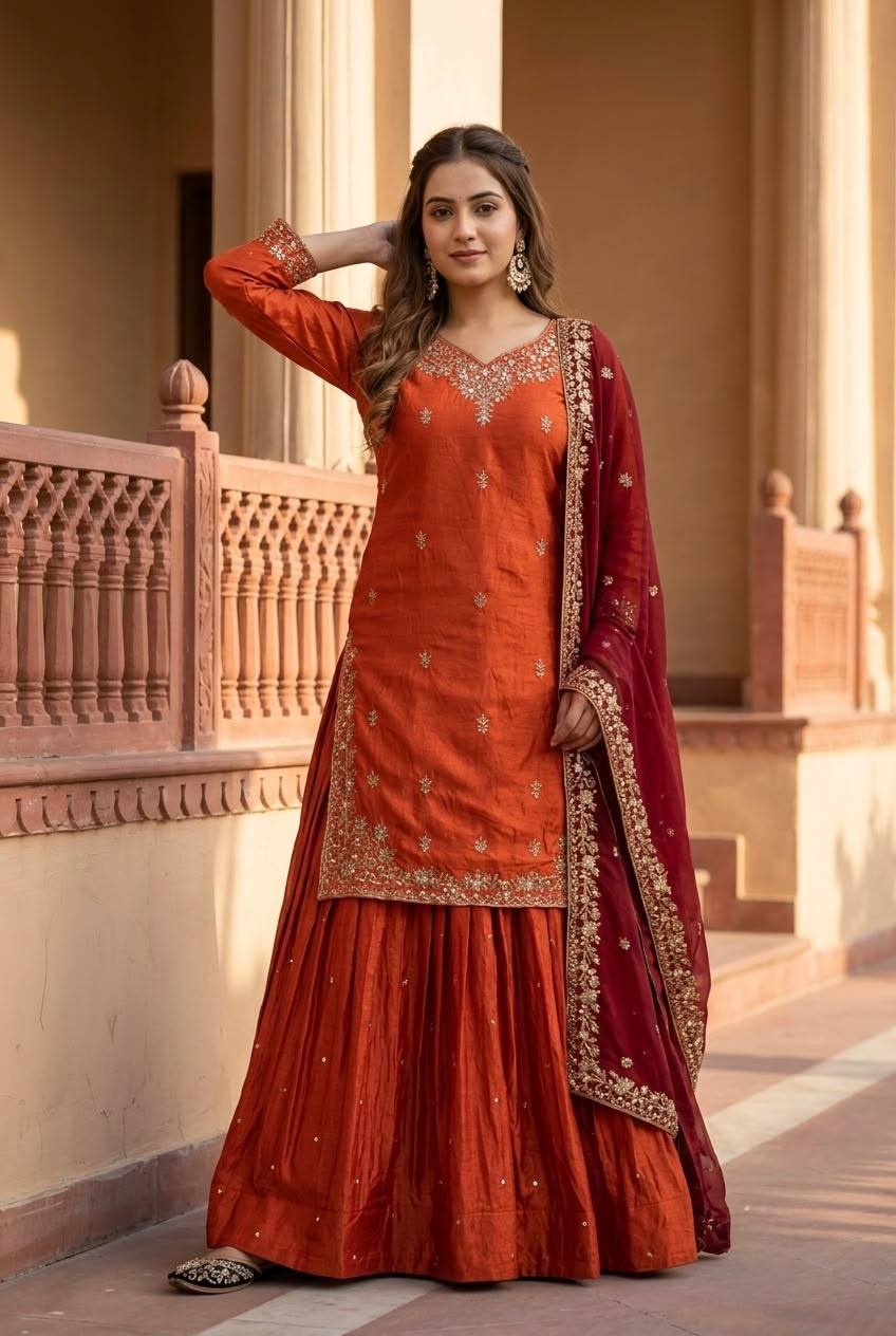 Eshanya Sindoor Fendy Silk Embroidered Lehenga Suit with Georgette Dupatta