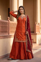 Eshanya Sindoor Fendy Silk Embroidered Lehenga Suit with Georgette Dupatta