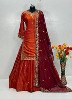 Eshanya Sindoor Fendy Silk Embroidered Lehenga Suit with Georgette Dupatta