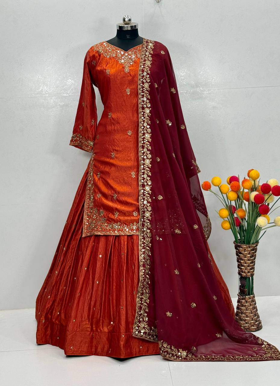 Eshanya Sindoor Fendy Silk Embroidered Lehenga Suit with Georgette Dupatta