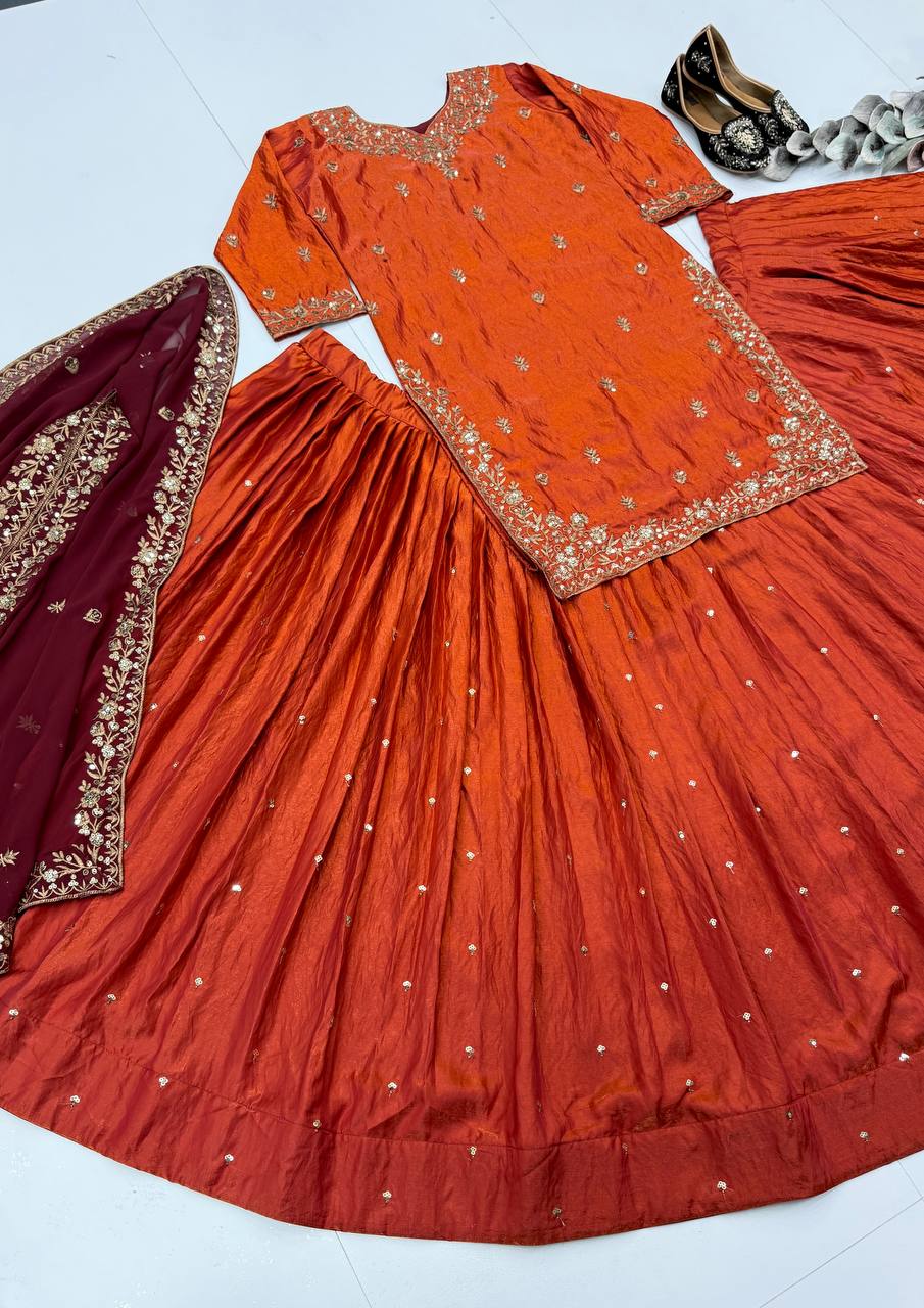Eshanya Sindoor Fendy Silk Embroidered Lehenga Suit with Georgette Dupatta