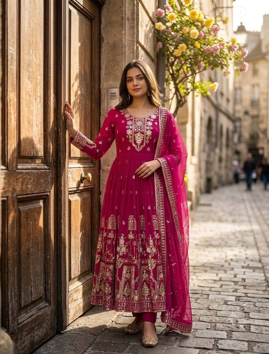Aadhira Faux Georgette Sequins Embroidered Anarkali with Pant & Dupatta