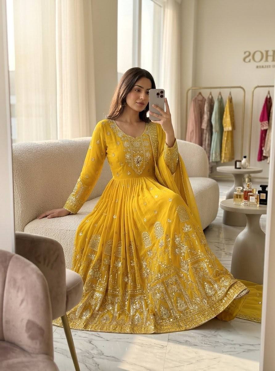 Aadhira Faux Georgette Sequins Embroidered Anarkali with Pant & Dupatta