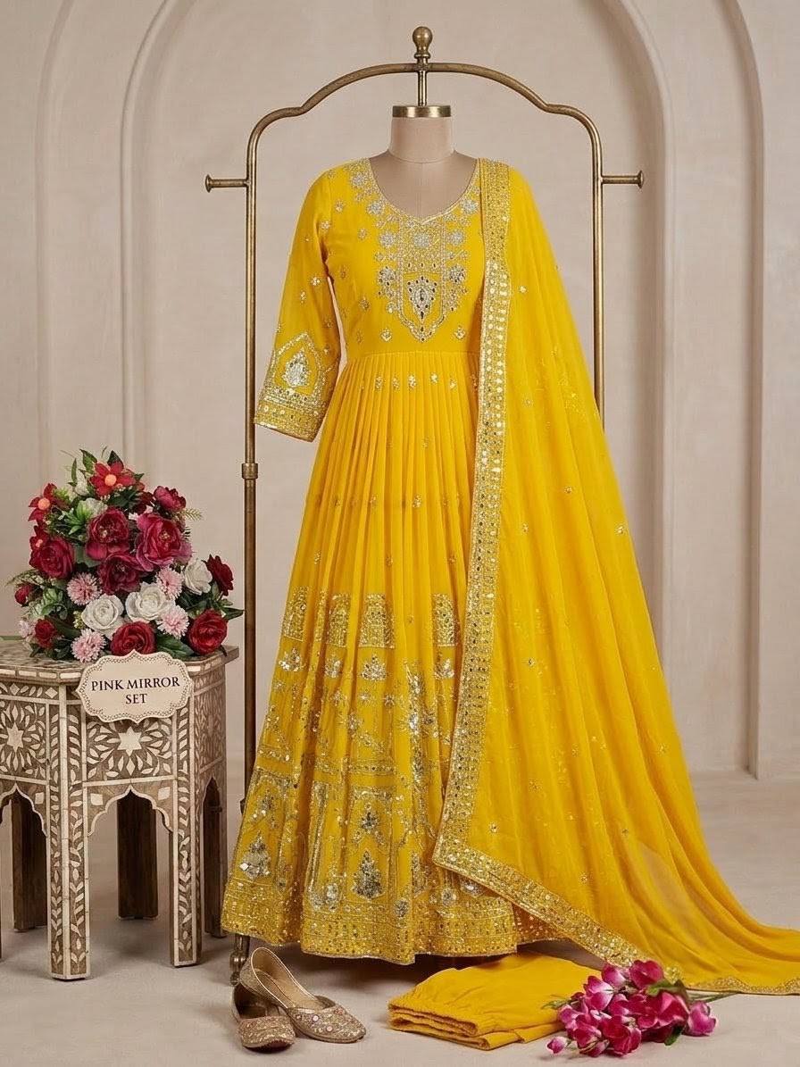 Aadhira Faux Georgette Sequins Embroidered Anarkali with Pant & Dupatta
