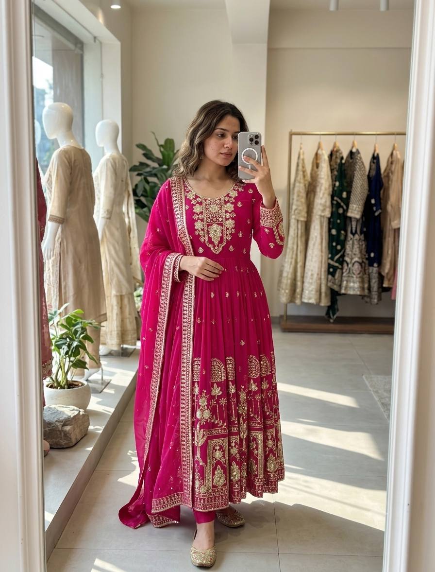 Aadhira Faux Georgette Sequins Embroidered Anarkali with Pant & Dupatta