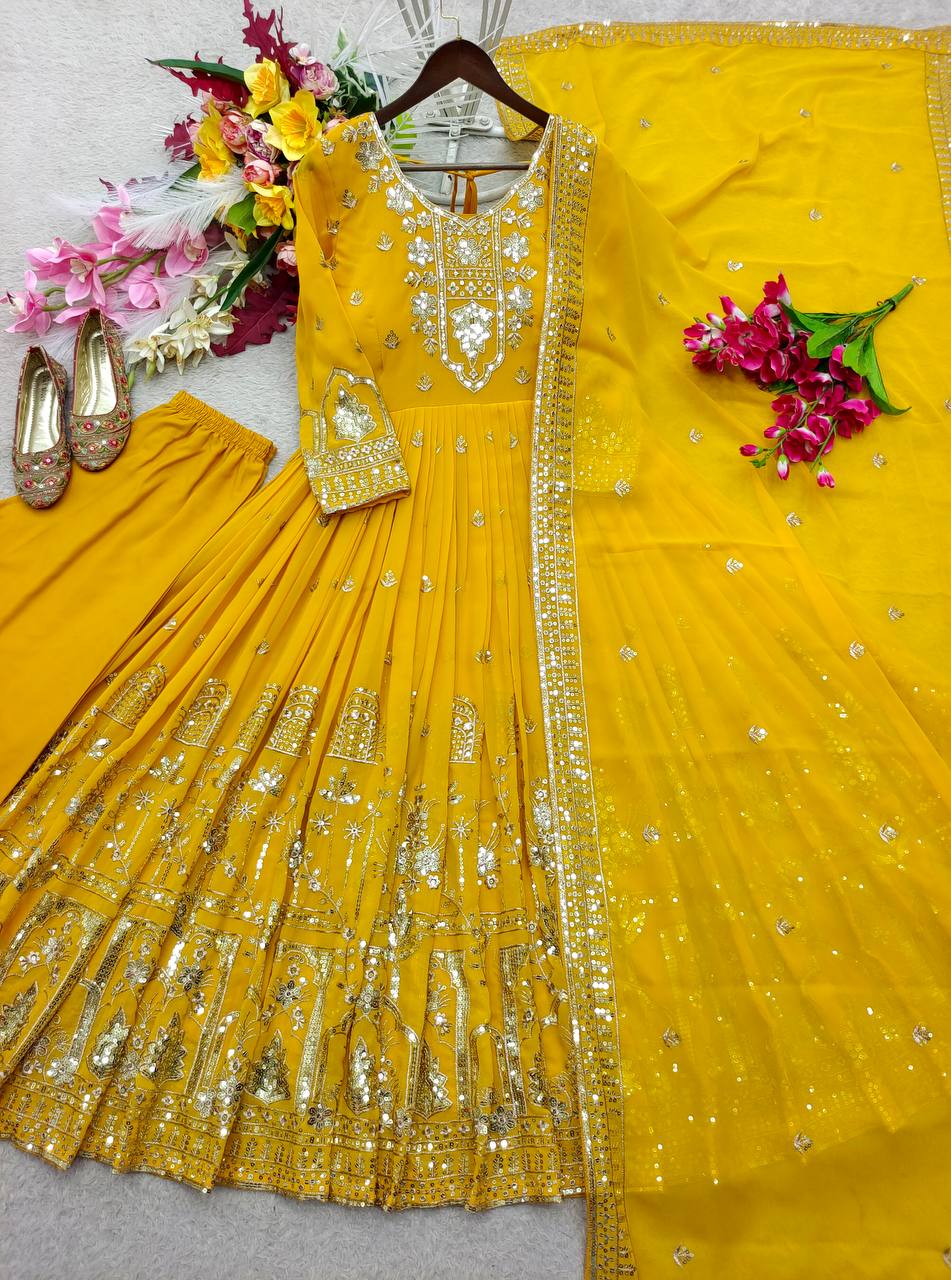Aadhira Faux Georgette Sequins Embroidered Anarkali with Pant & Dupatta