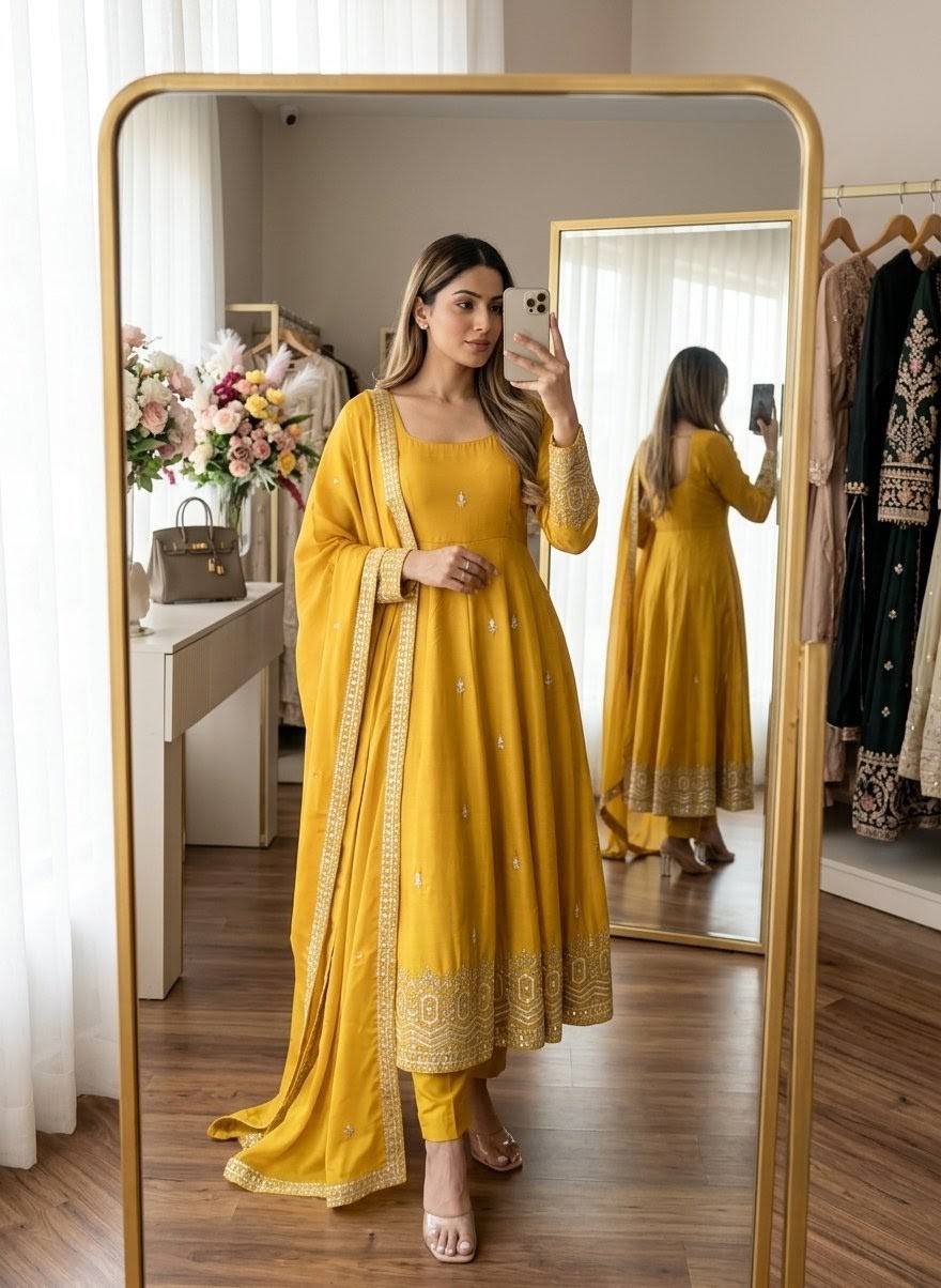 Ishani Chinon Silk Sequins Embroidered Anarkali  with Pant & Dupatta