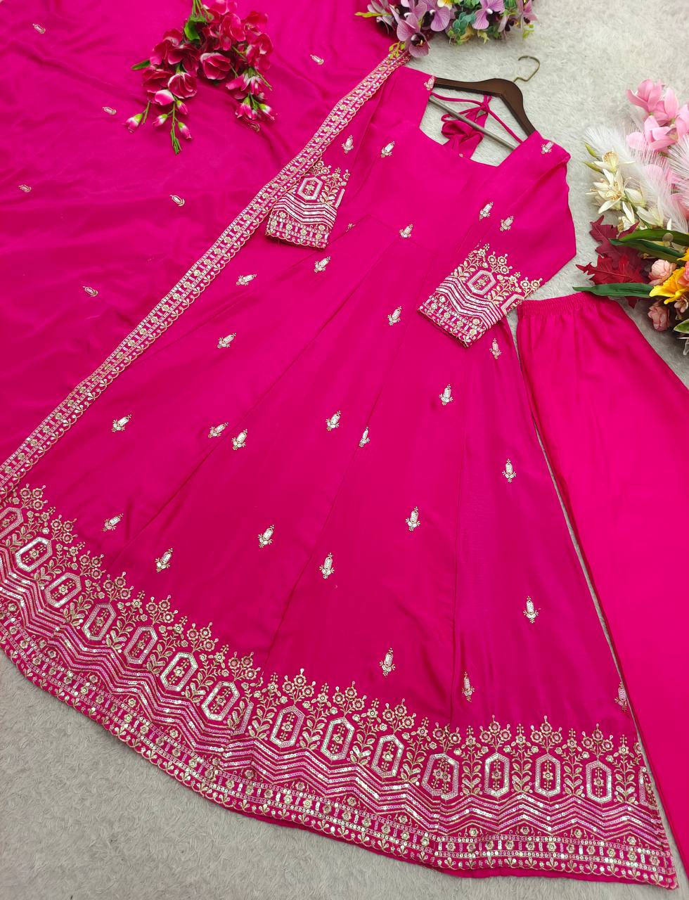 Ishani Chinon Silk Sequins Embroidered Anarkali  with Pant & Dupatta