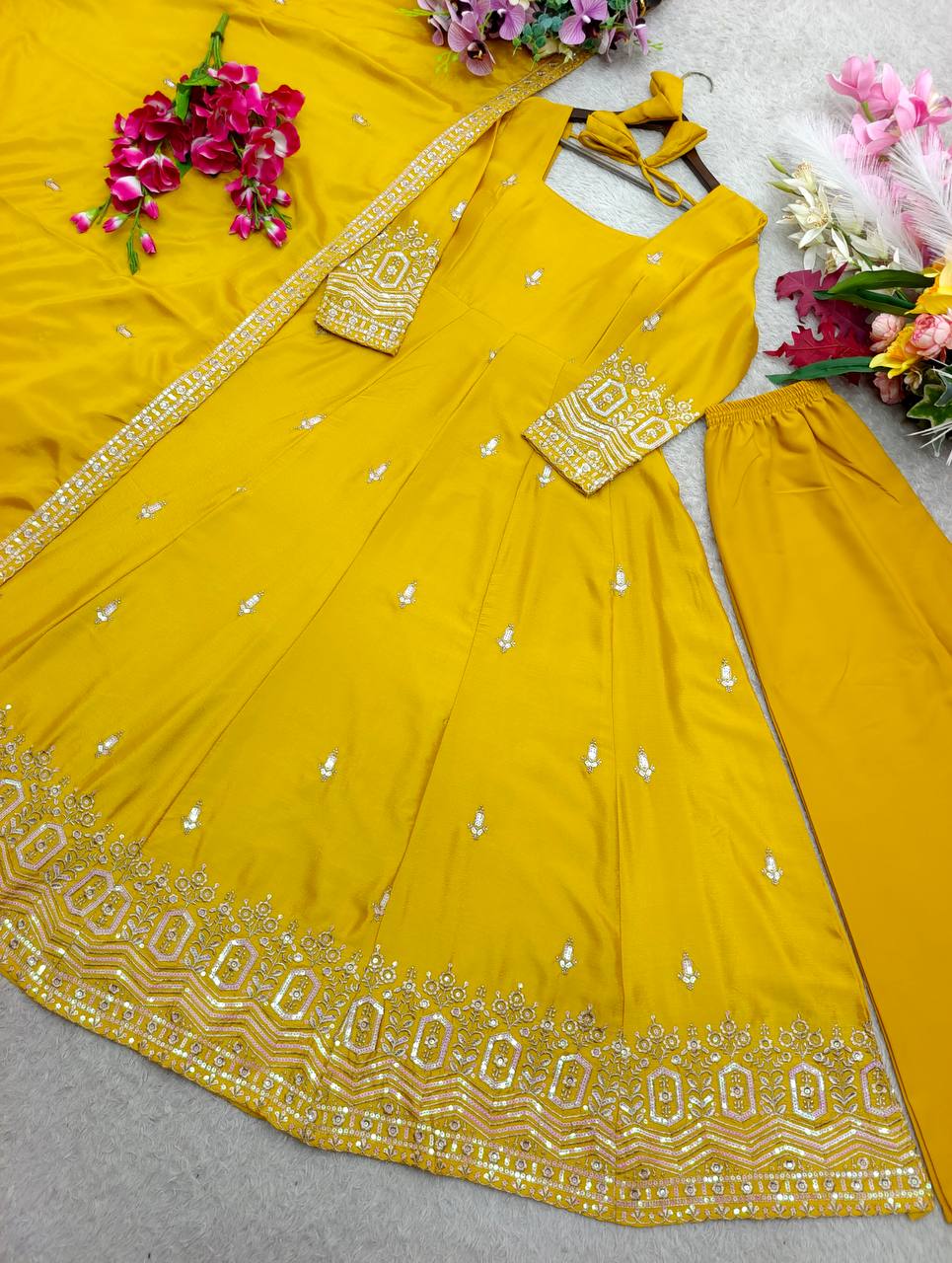 Ishani Chinon Silk Sequins Embroidered Anarkali  with Pant & Dupatta