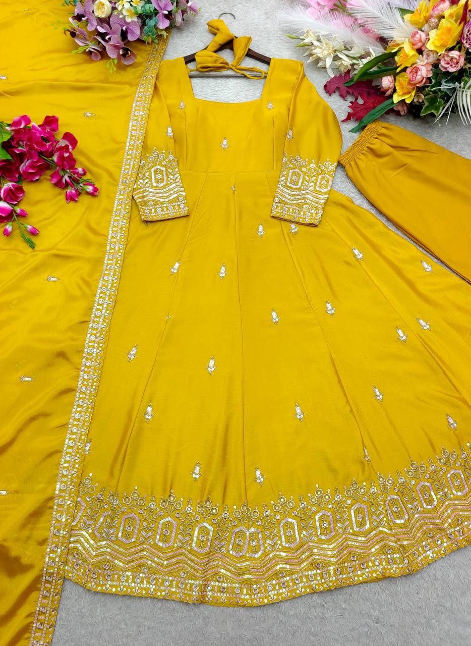 Ishani Chinon Silk Sequins Embroidered Anarkali  with Pant & Dupatta