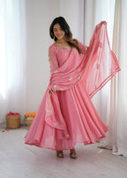 Vaanya Faux Georgette Sequins Embroidered Flared Anarkali with Pant & Dupatta