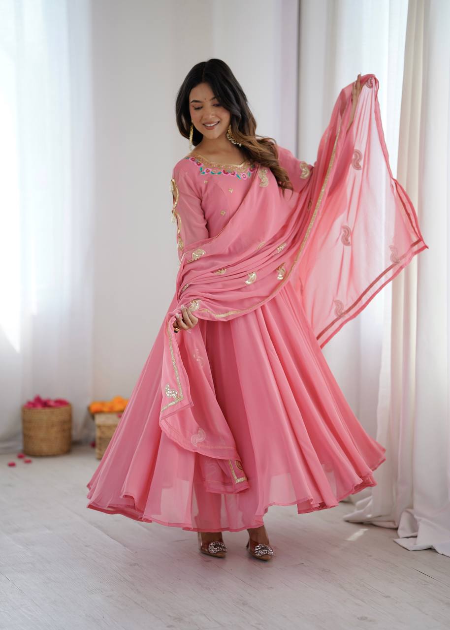 Vaanya Faux Georgette Sequins Embroidered Flared Anarkali with Pant & Dupatta