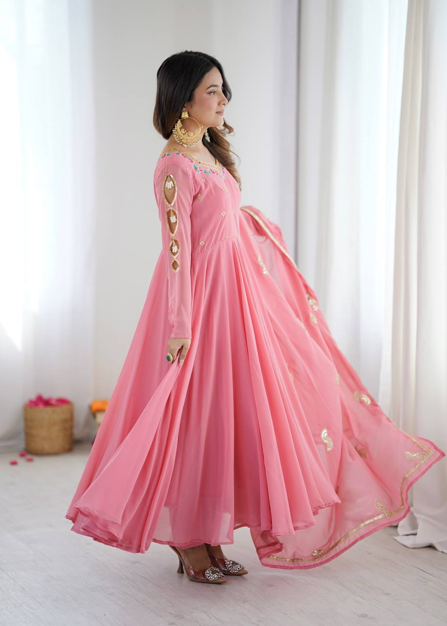 Vaanya Faux Georgette Sequins Embroidered Flared Anarkali with Pant & Dupatta