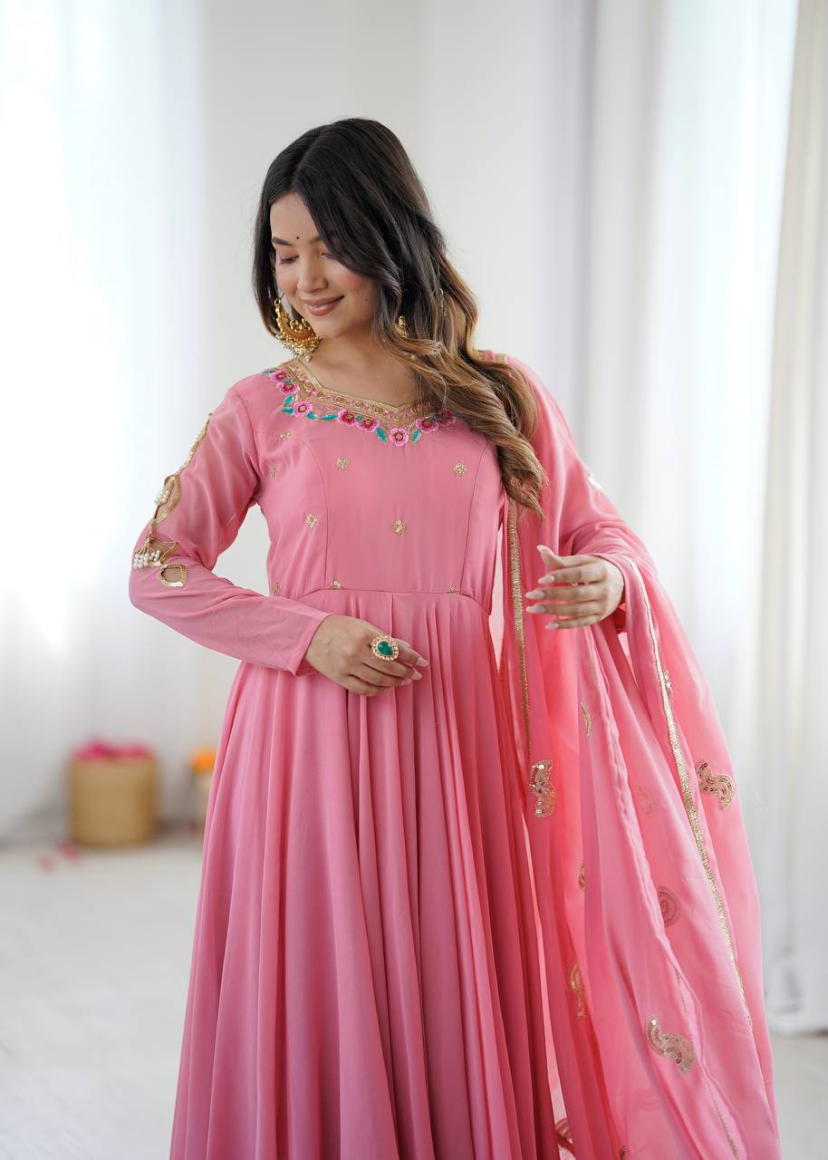 Vaanya Faux Georgette Sequins Embroidered Flared Anarkali with Pant & Dupatta
