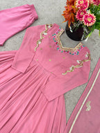 Vaanya Faux Georgette Sequins Embroidered Flared Anarkali with Pant & Dupatta
