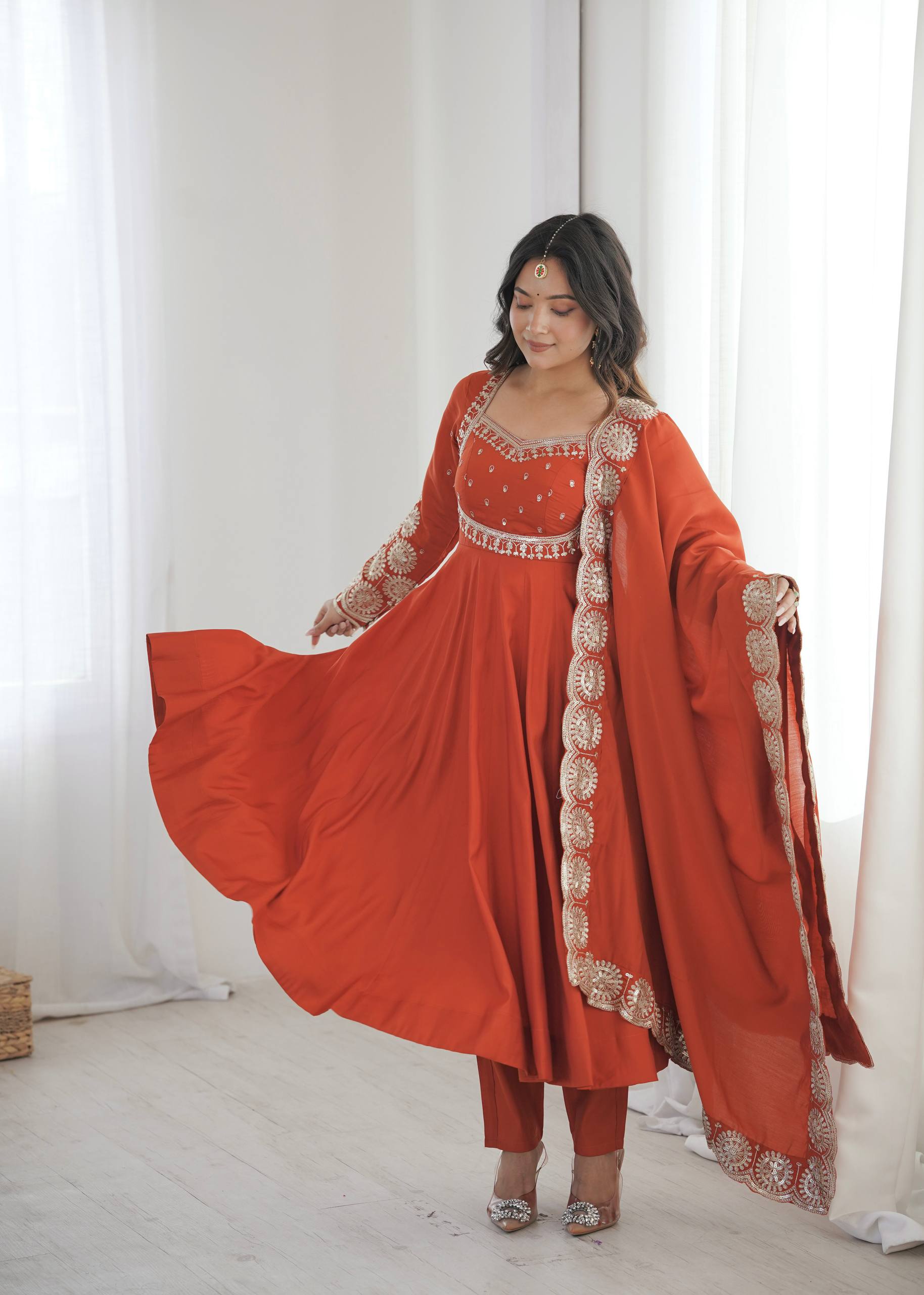 Ridhanya Roman Silk Elegant Embroidered Gown with Chanderi Dupatta