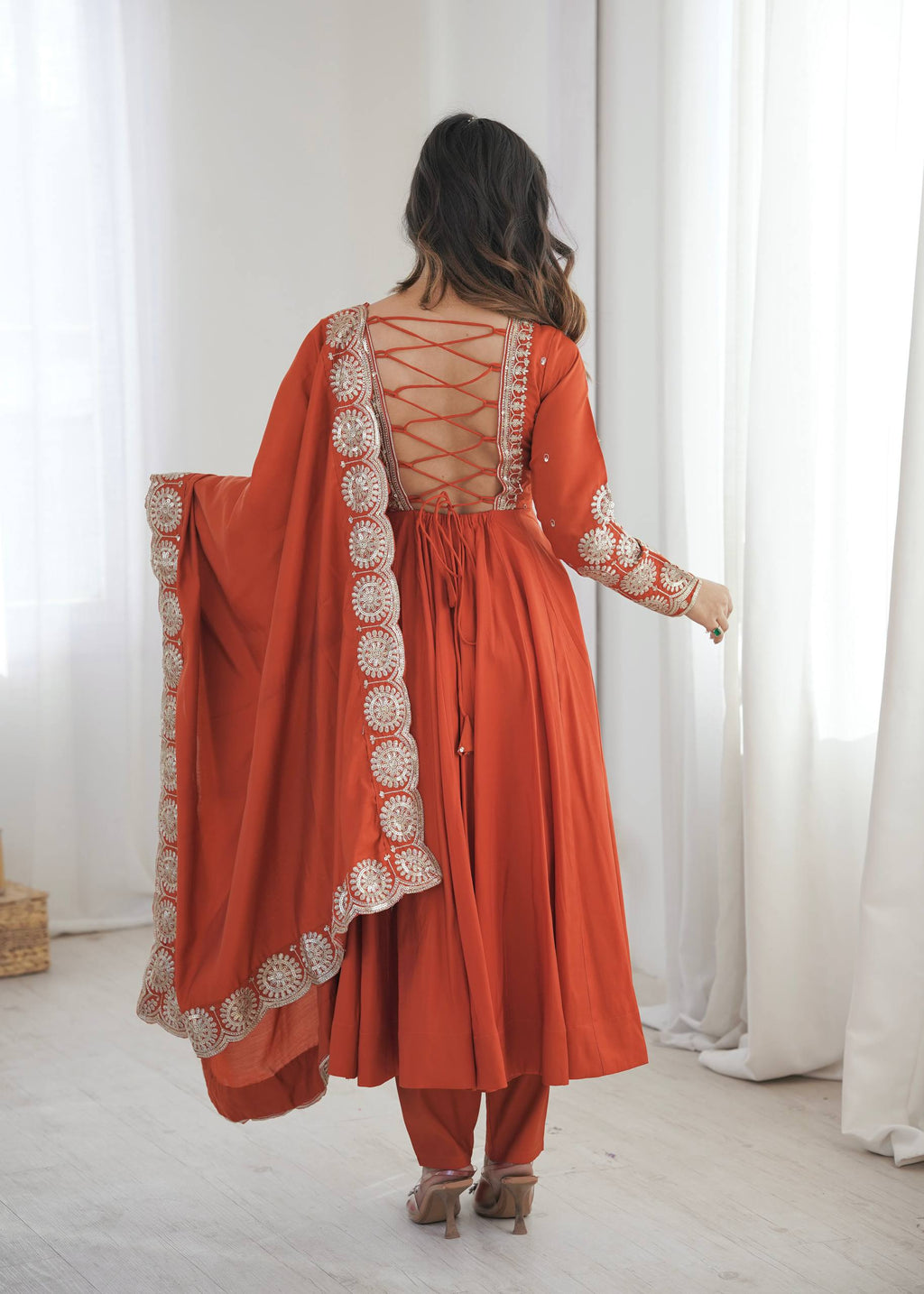 Ridhanya Roman Silk Elegant Embroidered Gown with Chanderi Dupatta