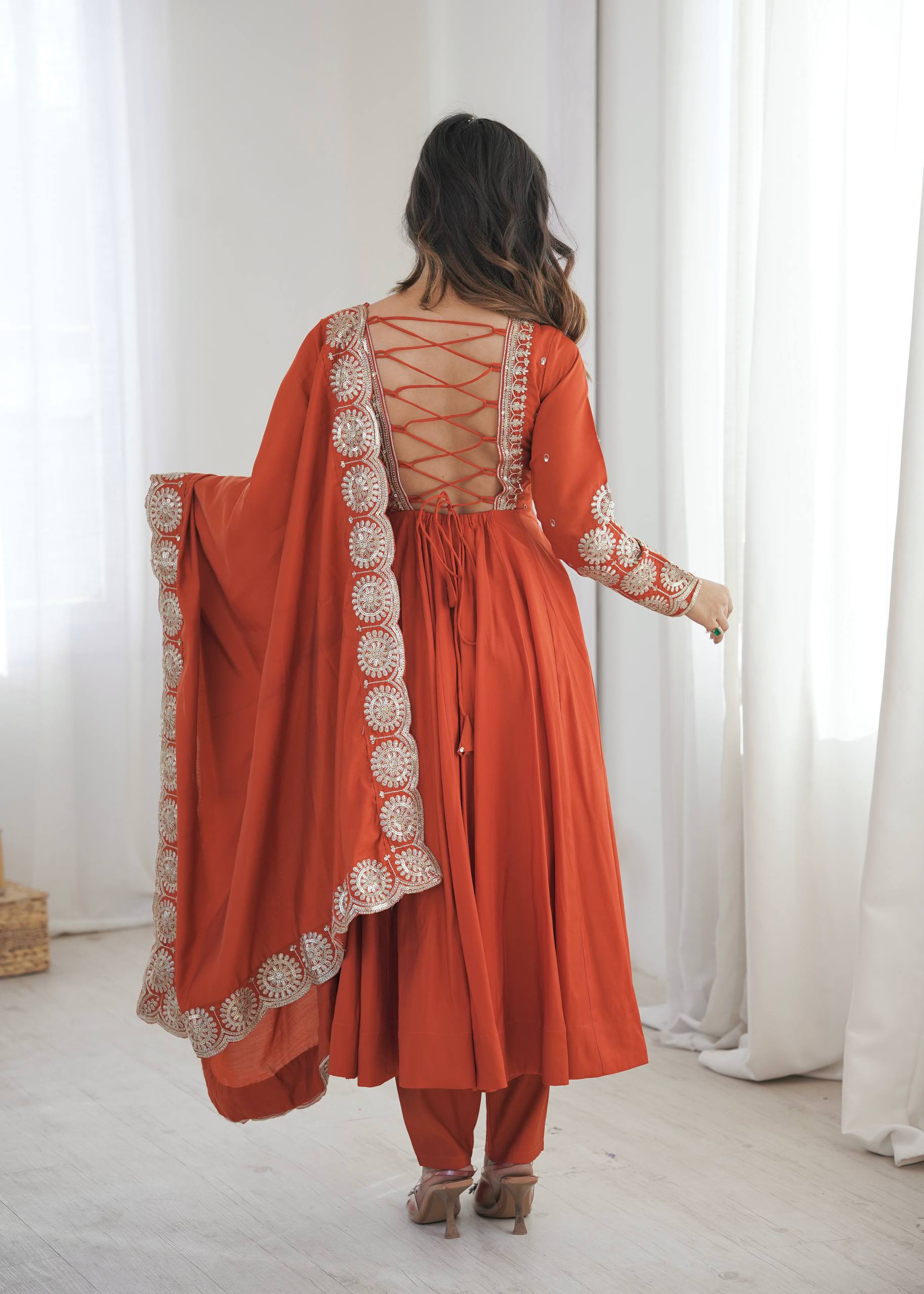 Ridhanya Roman Silk Elegant Embroidered Gown with Chanderi Dupatta