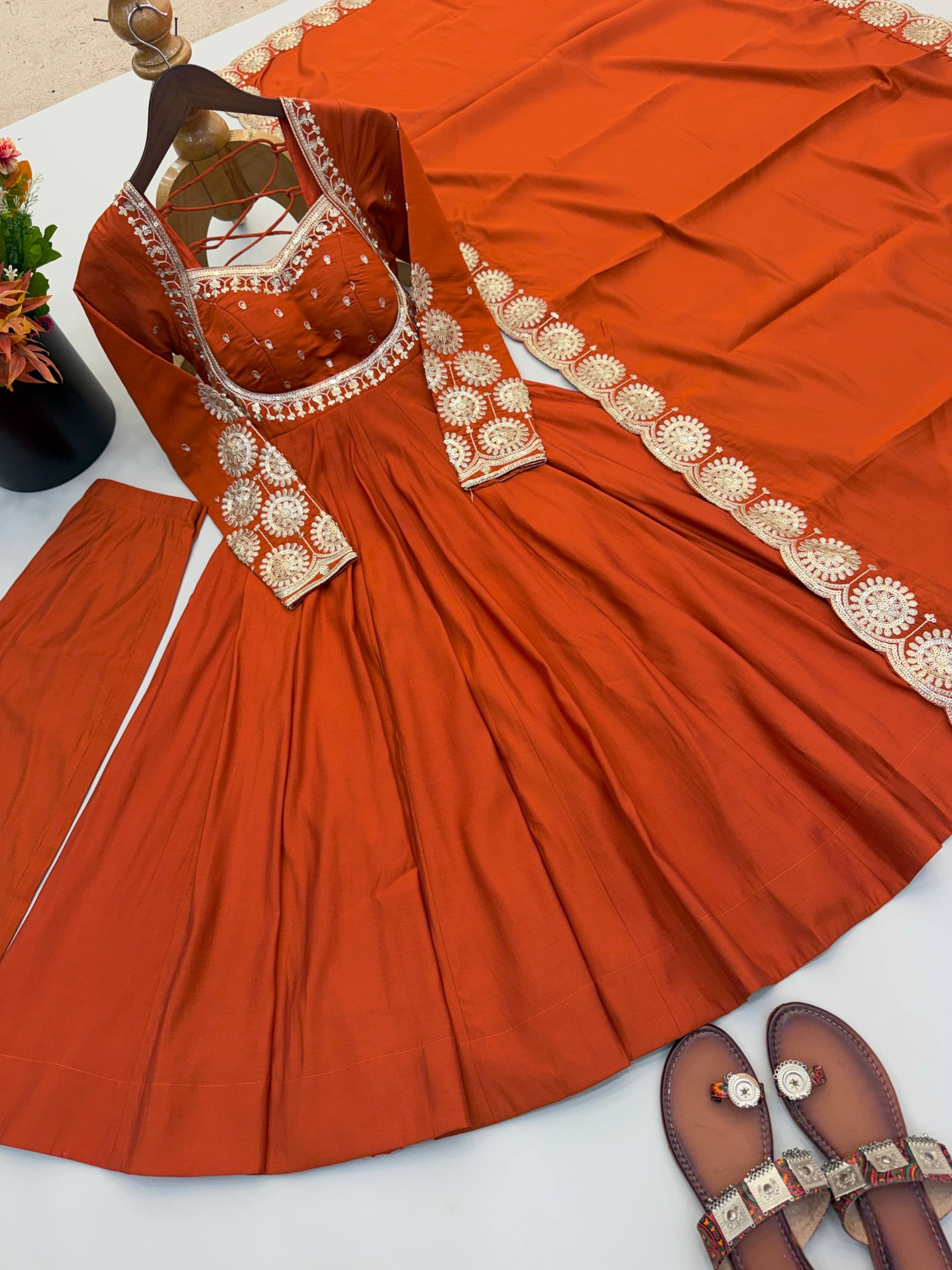 Ridhanya Roman Silk Elegant Embroidered Gown with Chanderi Dupatta