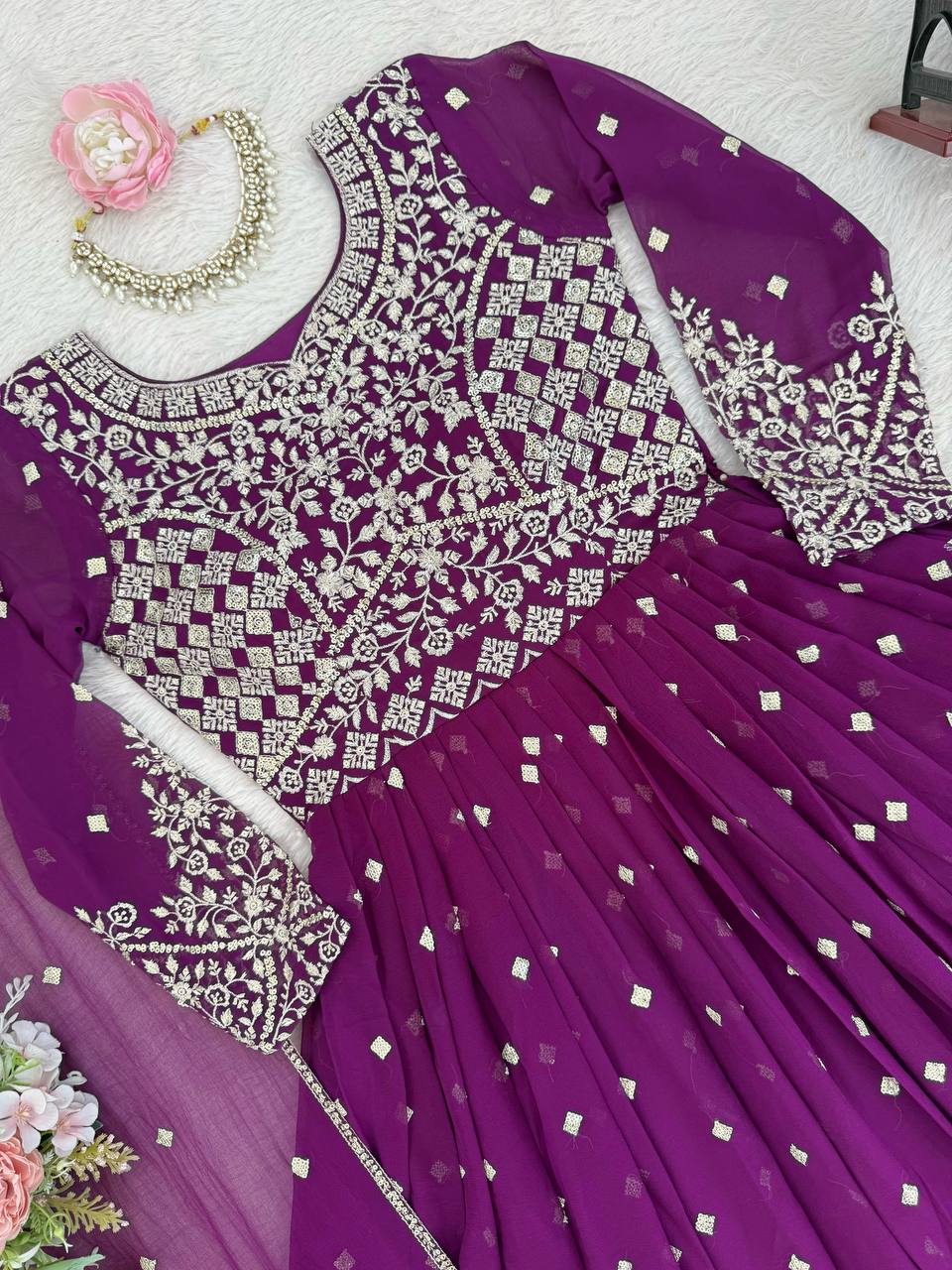 Party Wear Designer Anarkali with Embroidered Dupatta