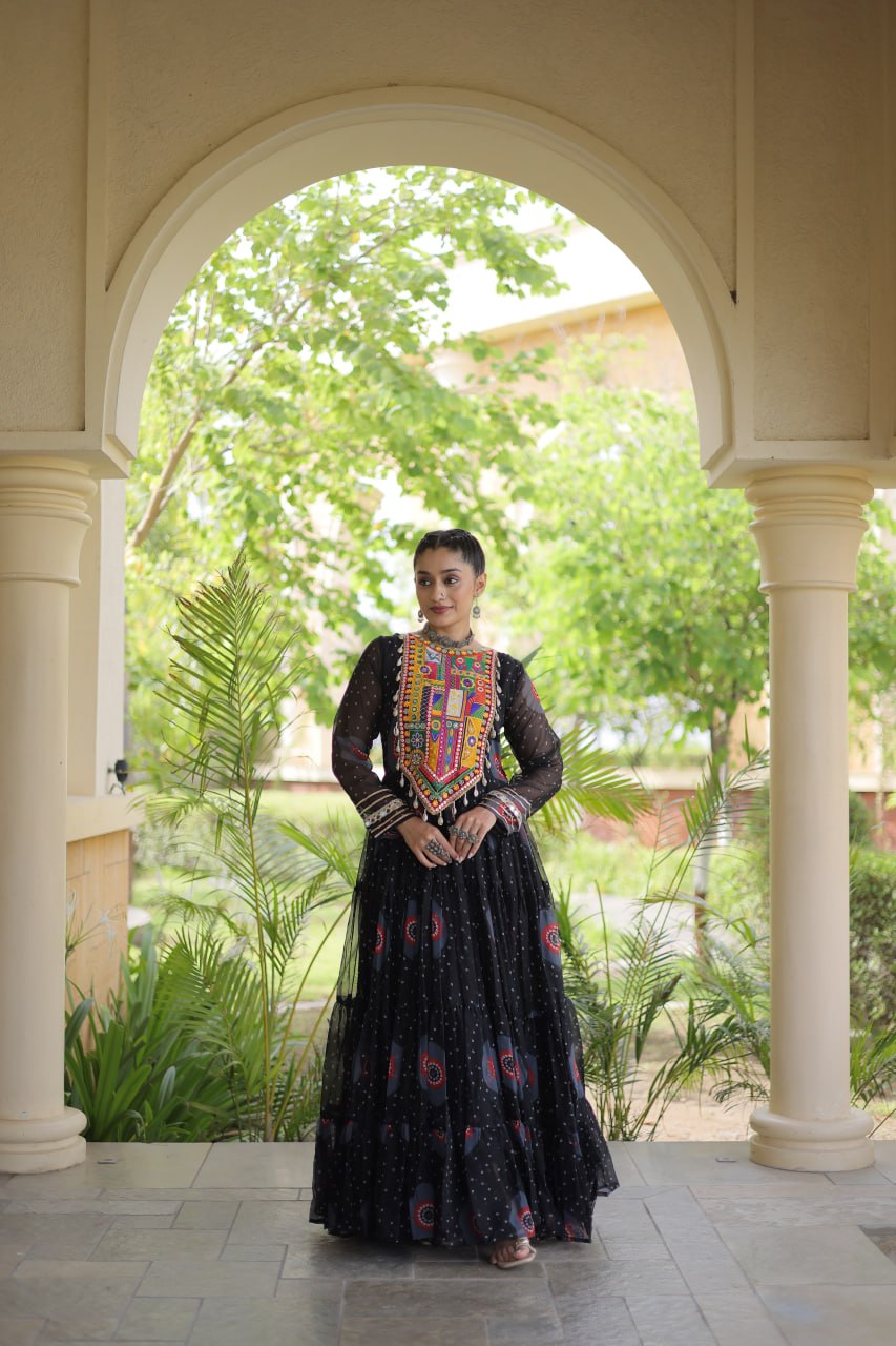 Ridhanya Bandhani Print Faux Georgette Kutchi Patchwork Gown