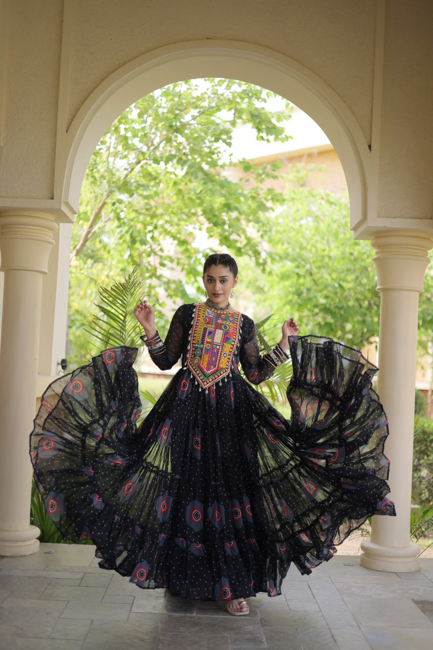 Ridhanya Bandhani Print Faux Georgette Kutchi Patchwork Gown