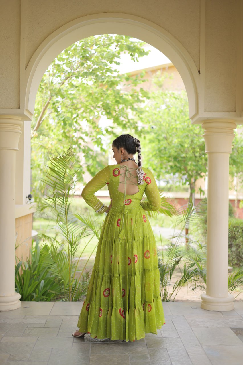 Ridhanya Bandhani Print Faux Georgette Kutchi Patchwork Gown