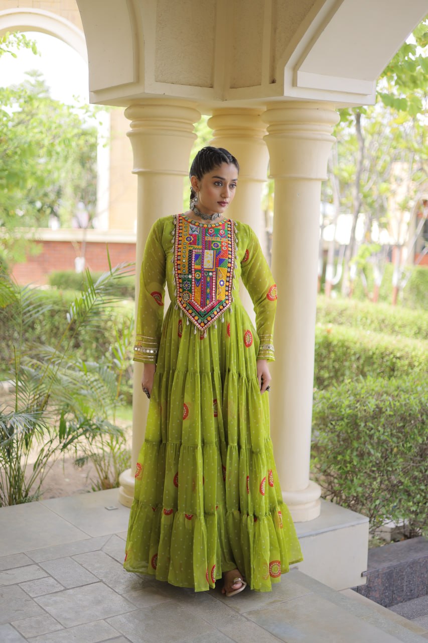 Ridhanya Bandhani Print Faux Georgette Kutchi Patchwork Gown