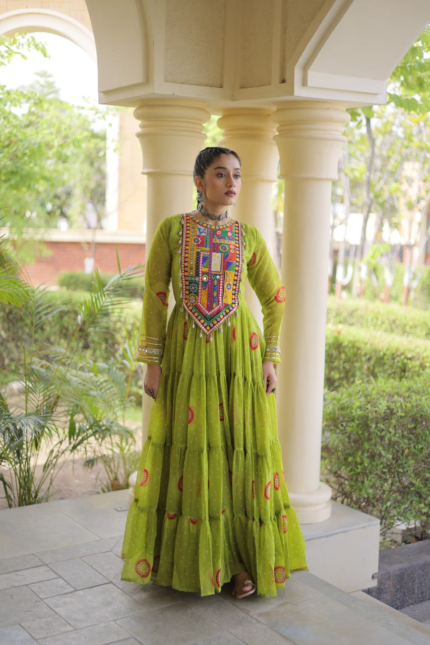 Ridhanya Bandhani Print Faux Georgette Kutchi Patchwork Gown