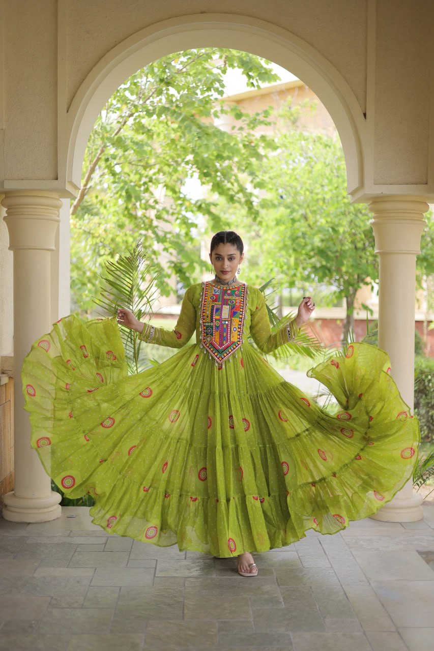 Ridhanya Bandhani Print Faux Georgette Kutchi Patchwork Gown