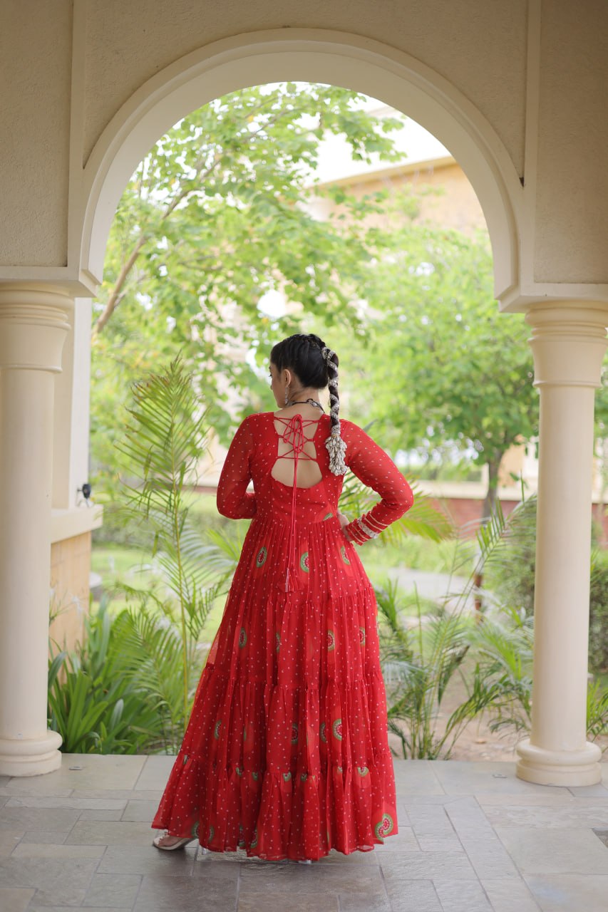Ridhanya Bandhani Print Faux Georgette Kutchi Patchwork Gown