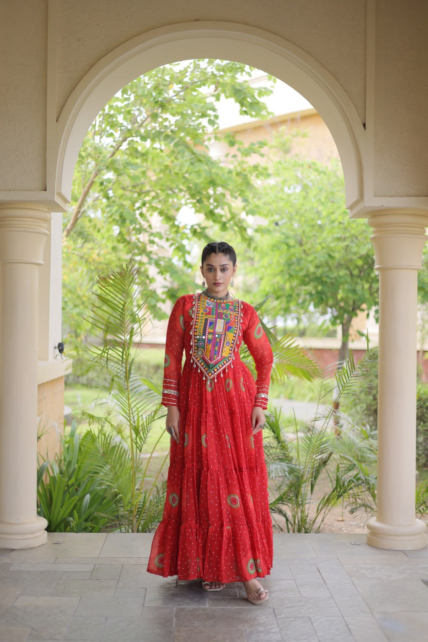 Ridhanya Bandhani Print Faux Georgette Kutchi Patchwork Gown