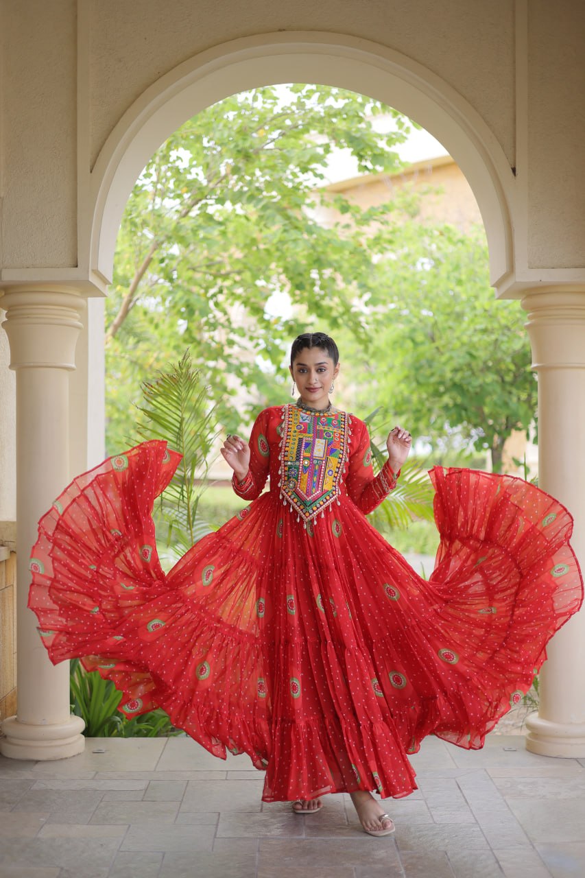 Ridhanya Bandhani Print Faux Georgette Kutchi Patchwork Gown