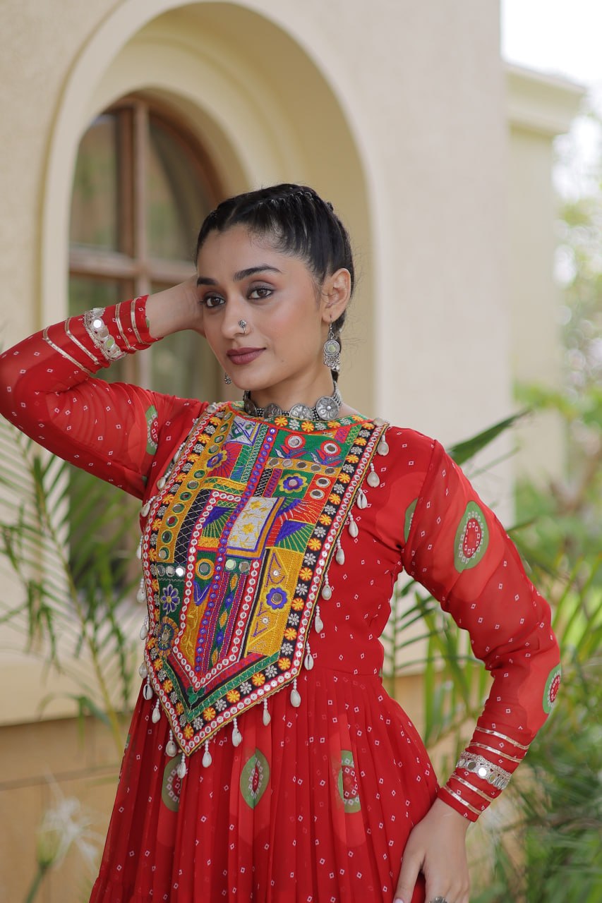 Ridhanya Bandhani Print Faux Georgette Kutchi Patchwork Gown