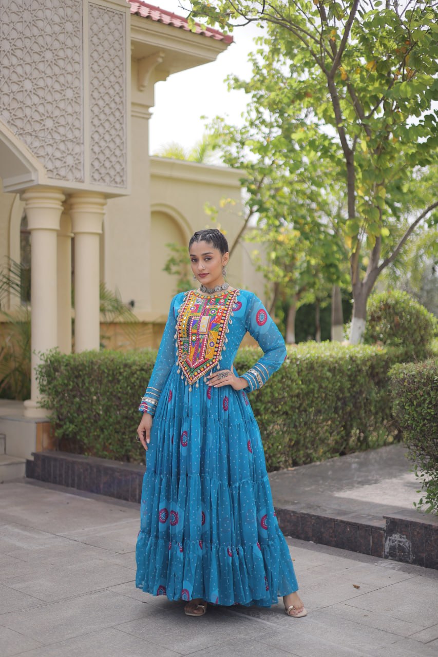 Ridhanya Bandhani Print Faux Georgette Kutchi Patchwork Gown