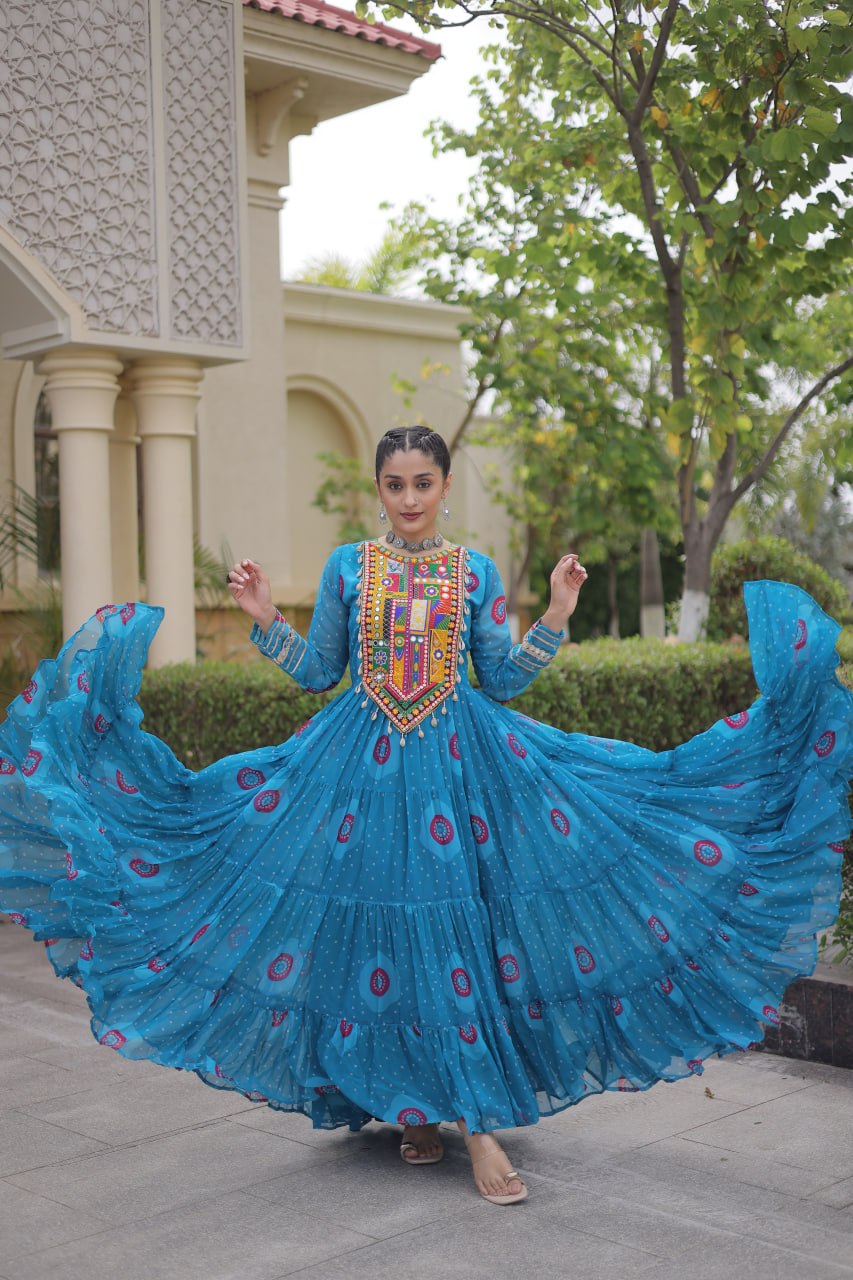 Ridhanya Bandhani Print Faux Georgette Kutchi Patchwork Gown