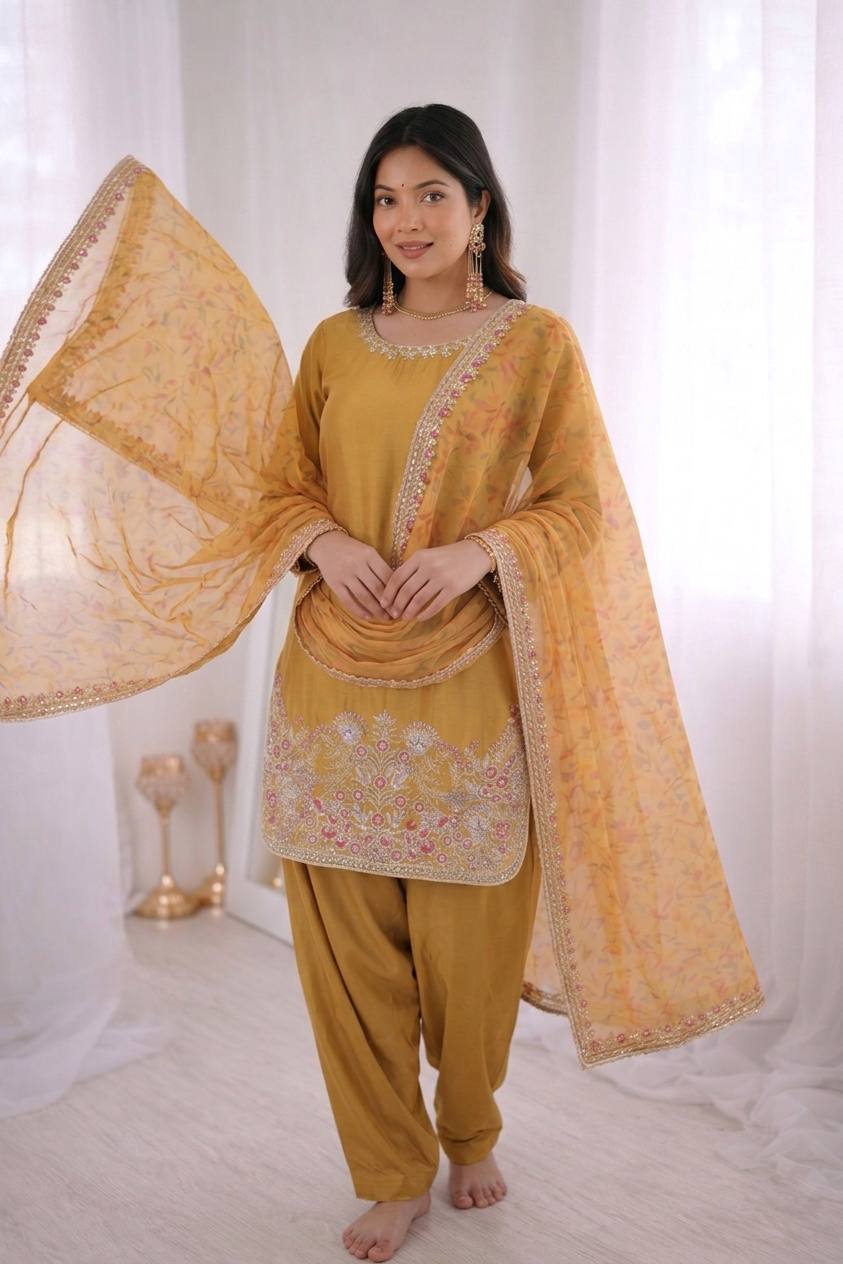 Premium Embroidered Farshi Suit with Statement Lace Border Dupatta